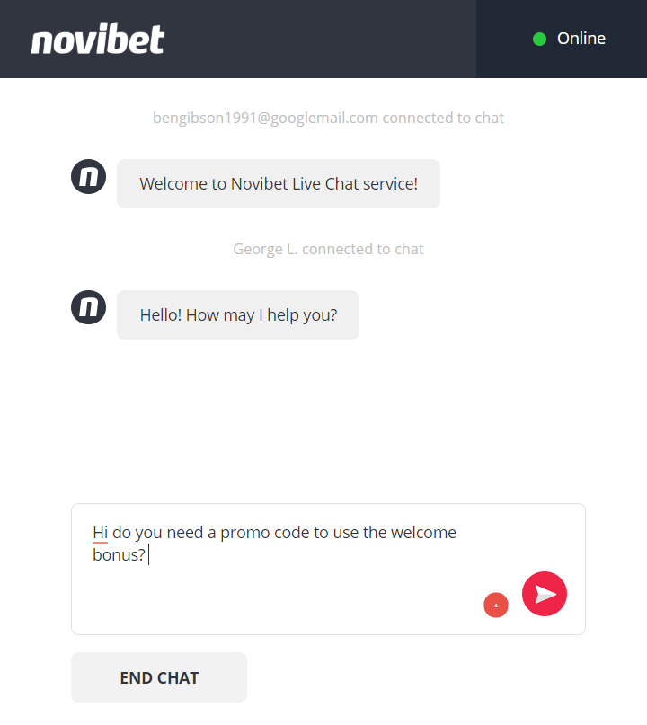 screenshot of Novibet live chat transcript