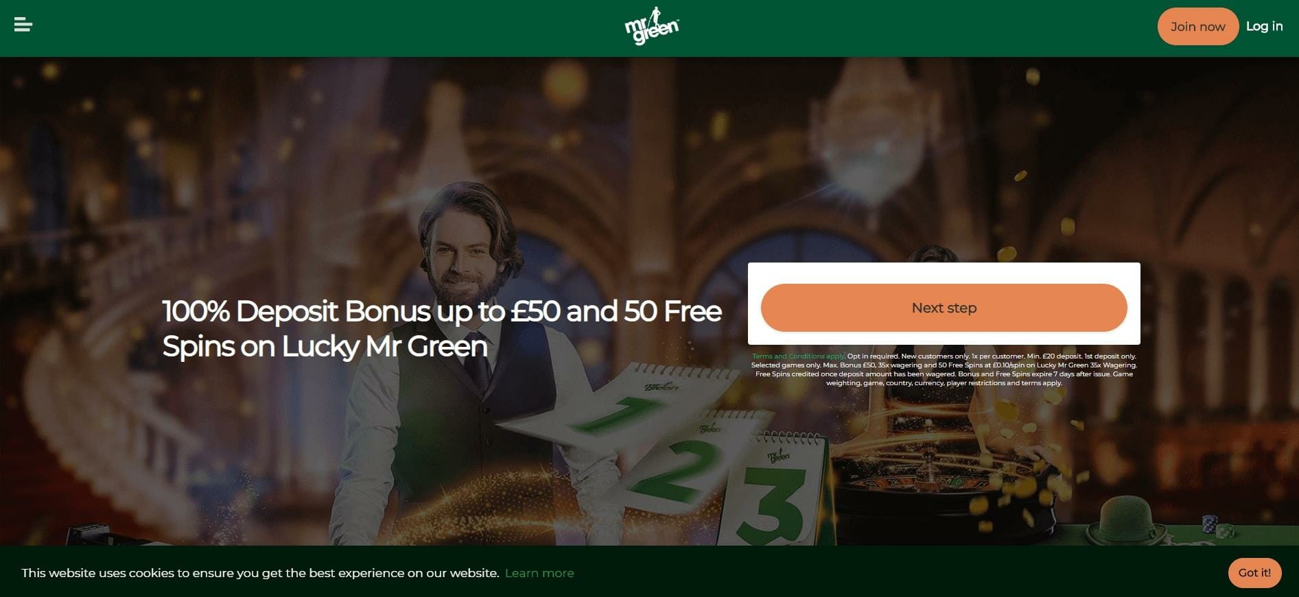 Mr Green banner showing 100% Deposit Bonus and Promotion Info