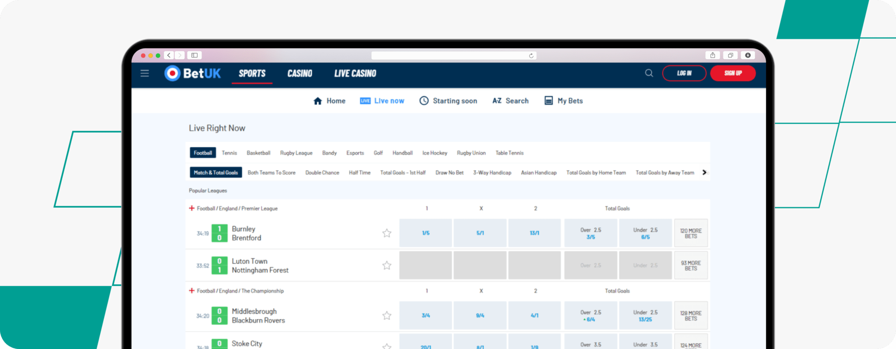 Screenshot of BetUK Live Betting Page