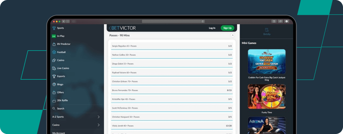 Screenshot of the Player Passes per 90 Mins odds for the match Manchester United vs Brentford on BetVictor.