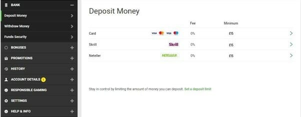 Unibet deposit screenshot