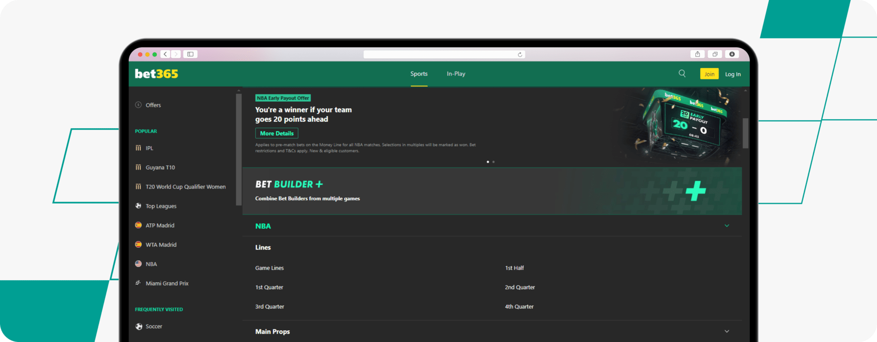 screenshot of bet365 nba betting page