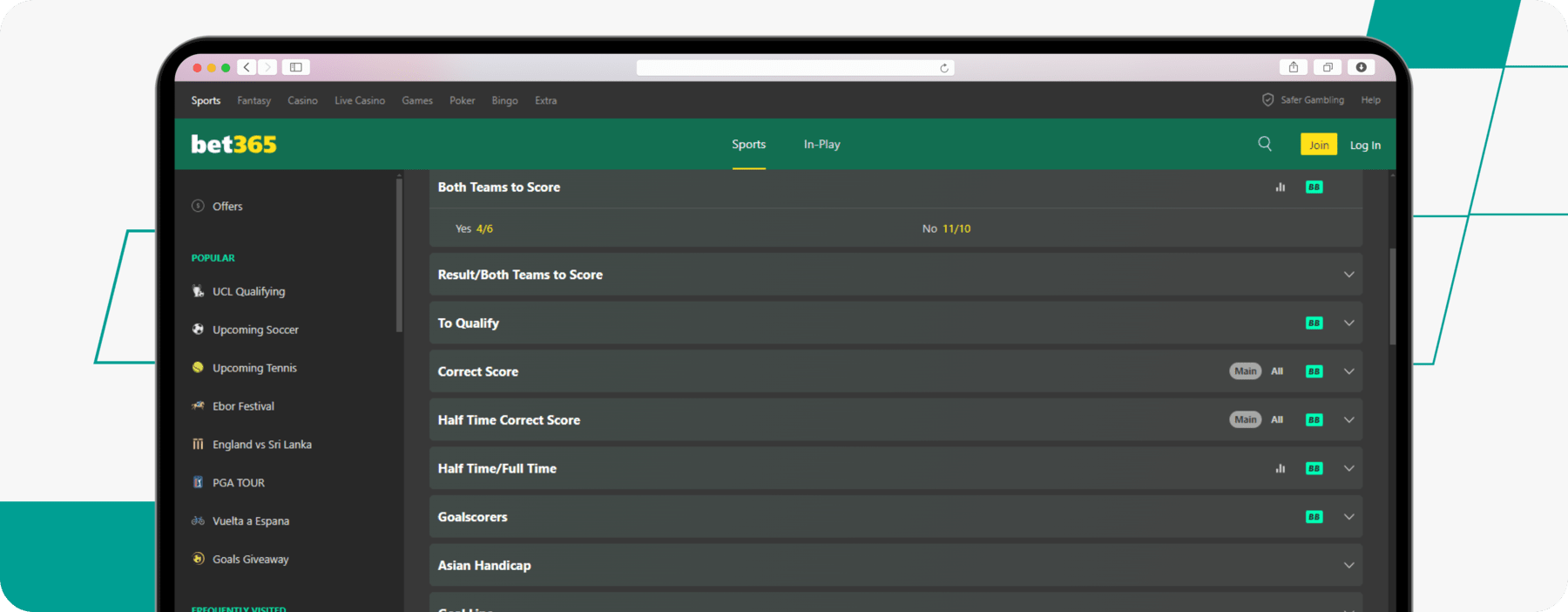 screenshot showing bet365 both teams to score odds