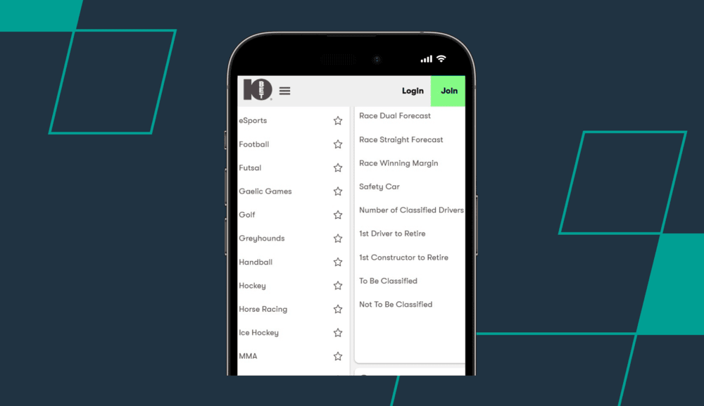 screenshot of 10bet's betting markets