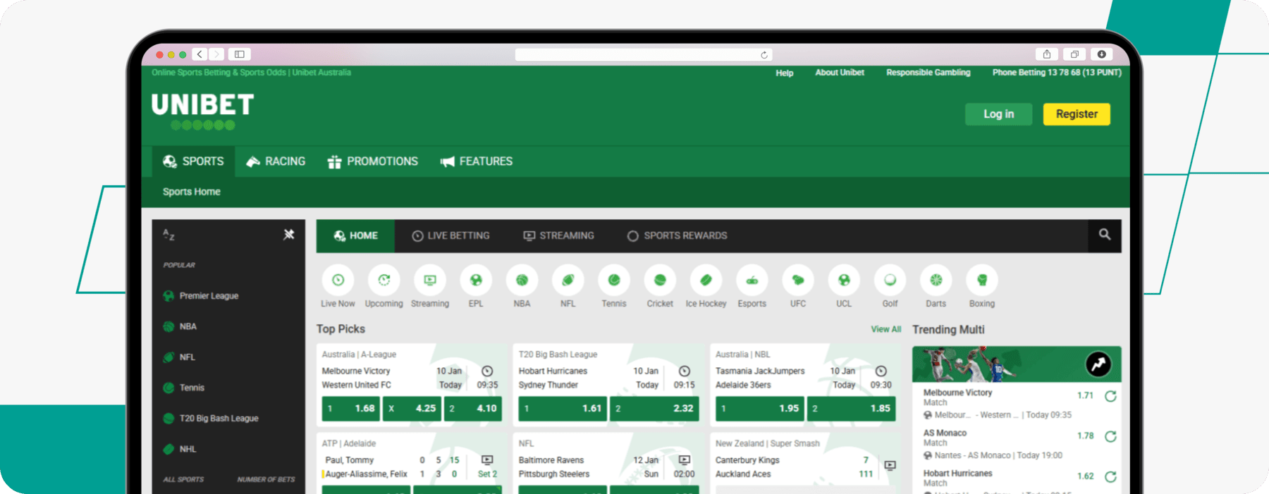 screenshot of unibet australia homepage